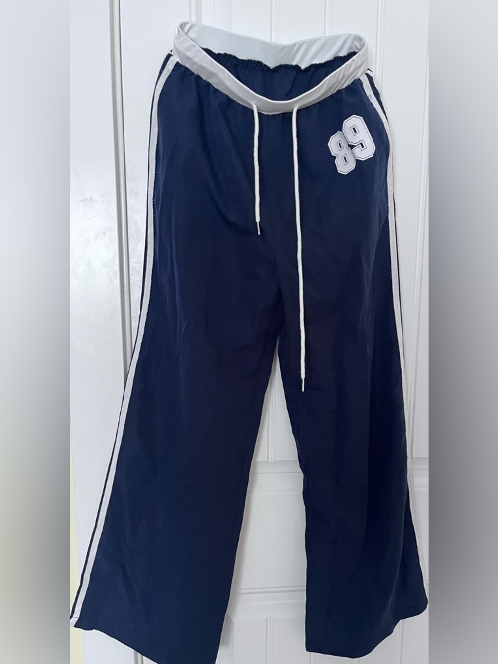 Navy Wide-Leg Athletic Pants with White Stripe & 89 Patch